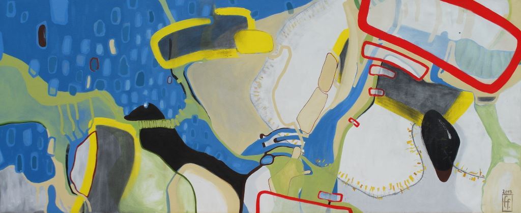 Felix Fugenzahn: Macht mal halblang dahinten!, 2013, Acryl, Graphit und Tusche auf Leinwand, 300 x 120 cm