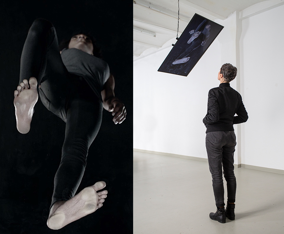 still und Installationsansicht von: Yvon Chabrowski: LEVEL, one channel video sculpture, HD-loop, color, sound, 92 cm x 55 cm, life-size on a free hanging 40 inch monitor, 2018 ©Yvon Chabrowski & VG Bildkunst 2019 