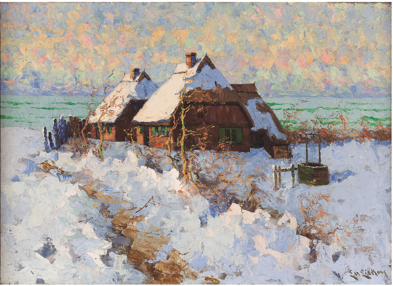Elisabeth von Eicken: Winterliche Gehöfte an der Ostsee, nach 1900, Öl auf Leinwand, Privatbesitz, Repro: Robert Dämmig, ausgestellt im Kunstmuseum Ahrenshoop.